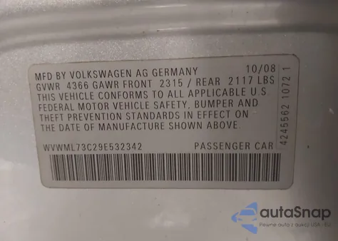 2009 Volkswagen Cc Sport из США, поврежденный, VIN WVWML73C29E532342